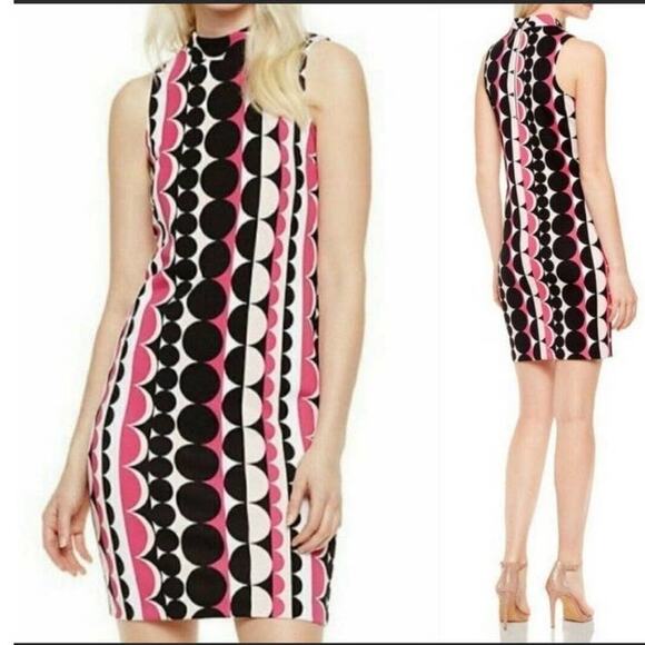 Vince Camuto Mod Retro Dots Sleeveless Sheath Dress Black Pink Size Small - Picture 9 of 9